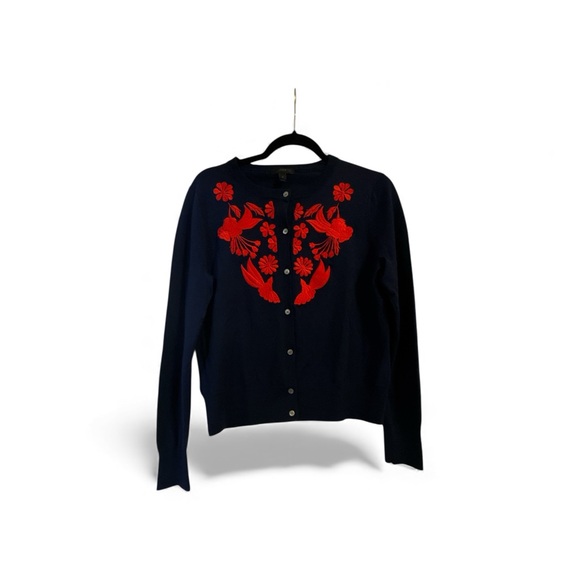 J Crew Women's Navy Button Cardigan Red Floral Embroidery 100%Merino Wool Size M - Picture 3 of 11